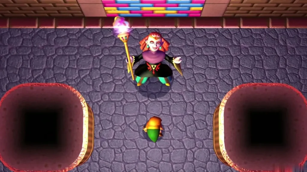 Yuga holding his staff above the arena with two pits