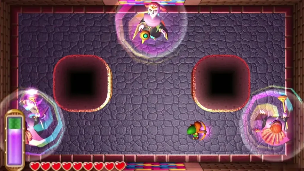 Yuga's split clones floating in bubbles in the two-pit arena
