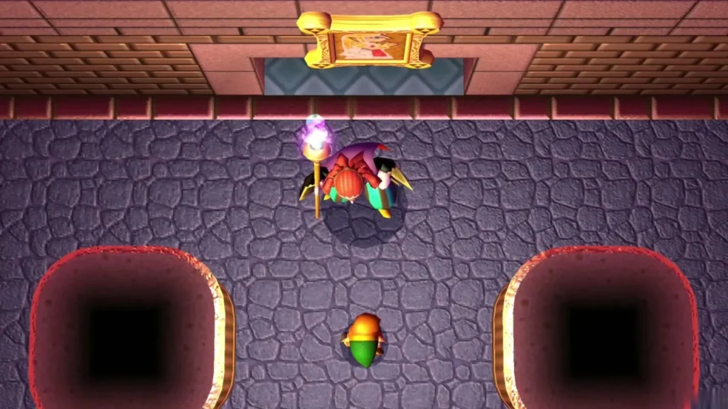 Yuga with his staff in the arena, Link below him, painting on the wall