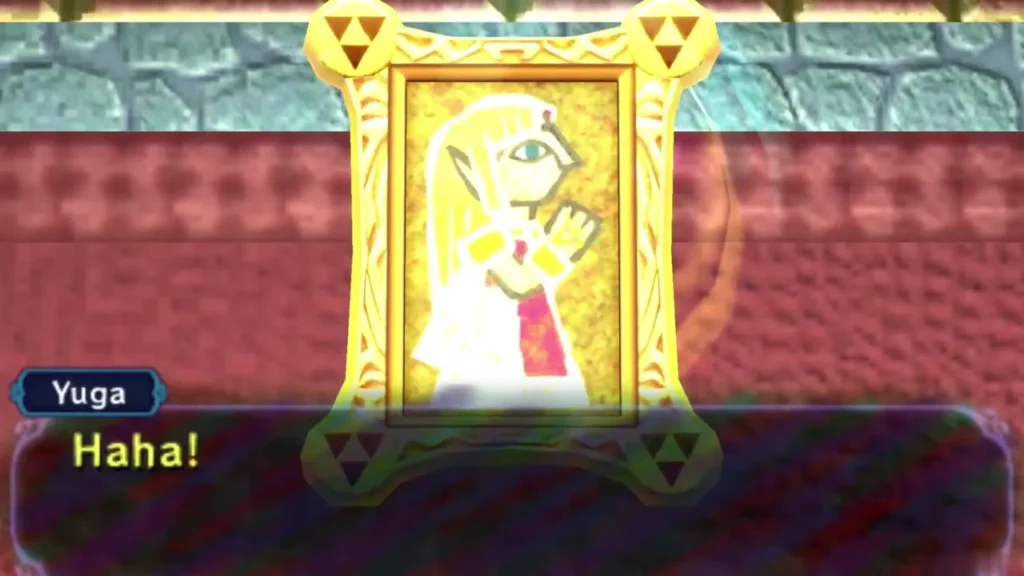 Zelda's golden painted portrait glowing on the wall while Yuga laughs