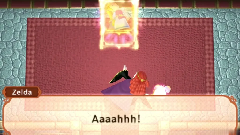 Zelda crying out as Yuga turns her into a painting in the throne room