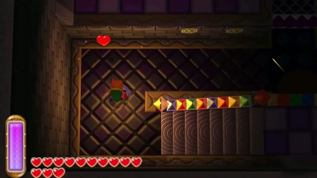 Link stands near a row of colored arrow tiles on a dungeon floor, with a dark purple room beyond