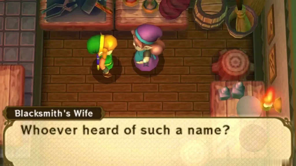 The Blacksmith's Wife grumbles at Link inside the Lorule Blacksmith house