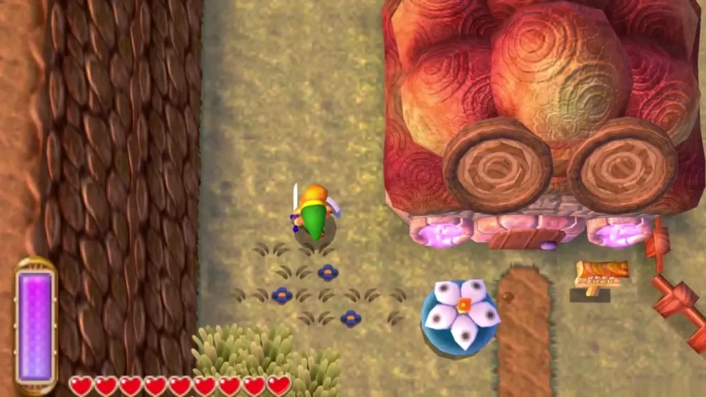 Link walking the dirt path beside the Big Bomb Flower