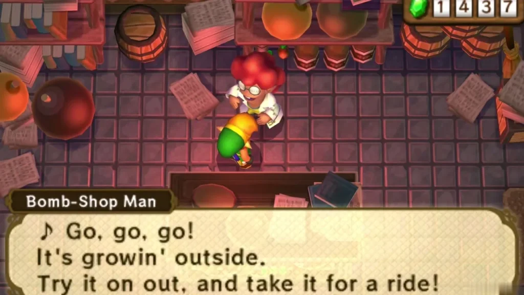 Bomb-Shop Man at his shop counter telling Link to take the Big Bomb Flower outside