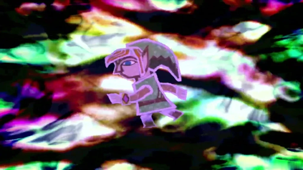 Link as a silhouette in the swirling colours of a fissure transition