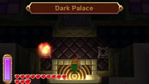 Link inside the Dark Palace entrance under the Dark Palace name banner