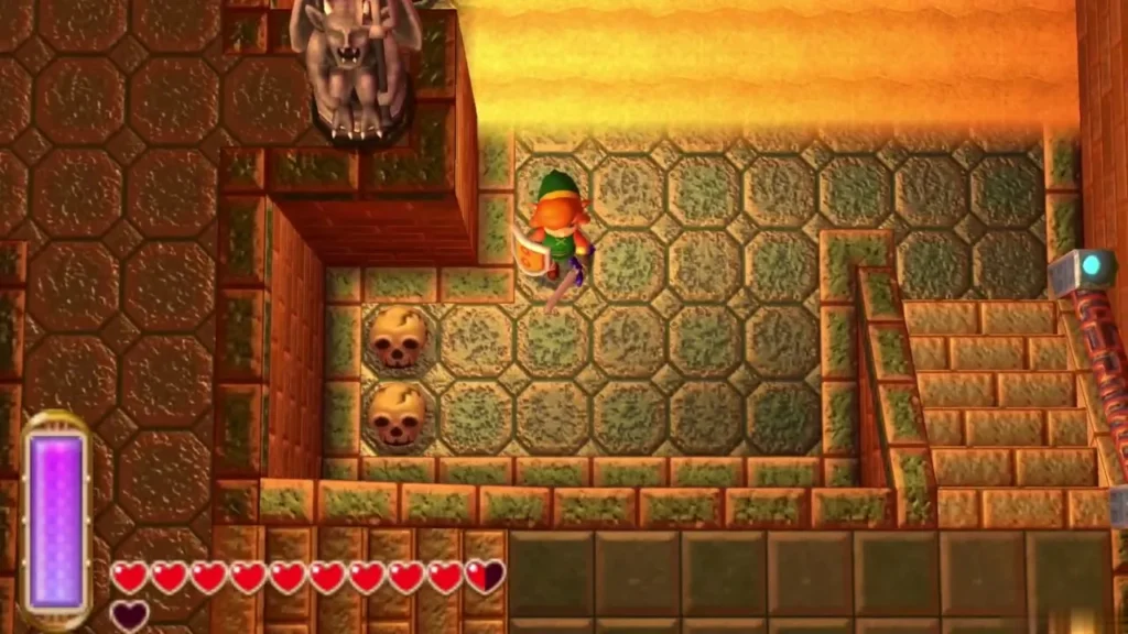 Link in a stone-tiled palace room beside a gargoyle statue and two skull pots, with a golden sandstone wall above