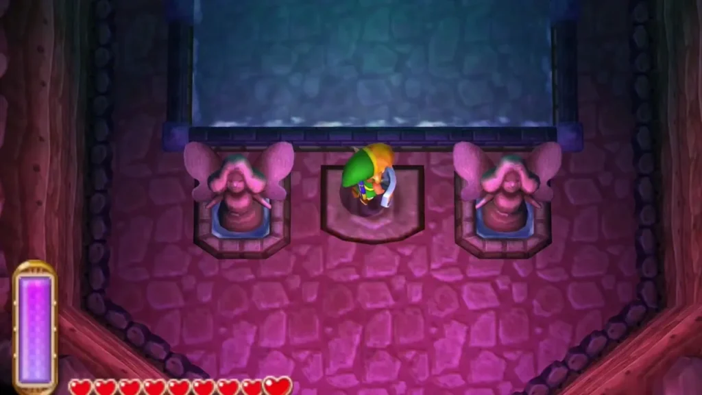 Link standing at the fountain between the two fairy statues