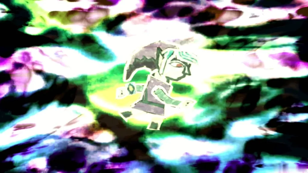 Link in the swirling colours of the fissure crossing between Lorule and Hyrule