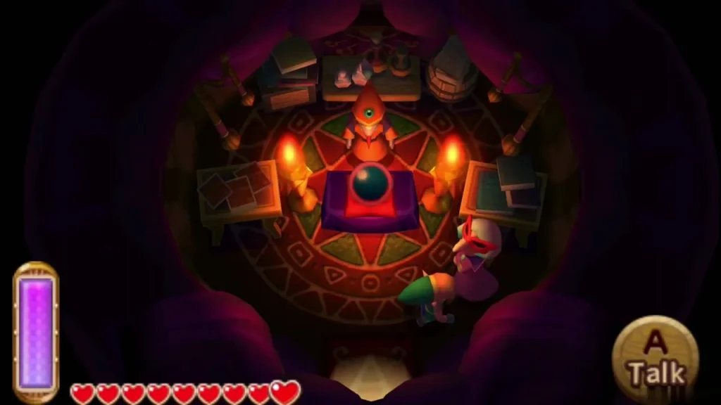Mapes the witch and the Fortune-Teller inside the purple-carpeted tent in Lorule