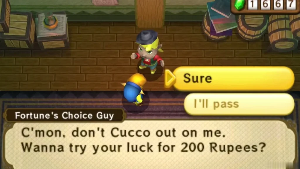 Fortune's Choice Guy asks Link if he wants to try his luck for 200 Rupees, Sure or I'll pass