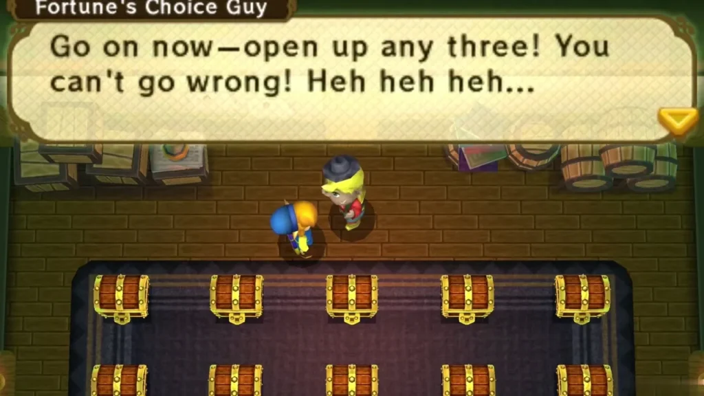 Fortune's Choice Guy urges Link to open any three chests in the treasure room
