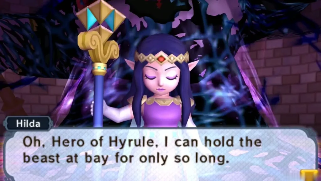 Princess Hilda holds the dark beast at bay and tells Link she cannot hold it long