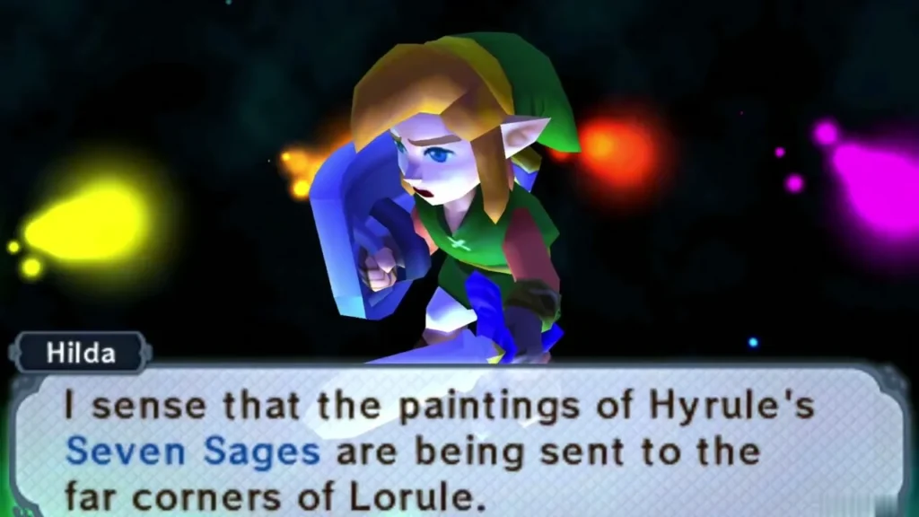 Link listens in a dark void as Hilda says the Seven Sages' paintings were scattered across Lorule
