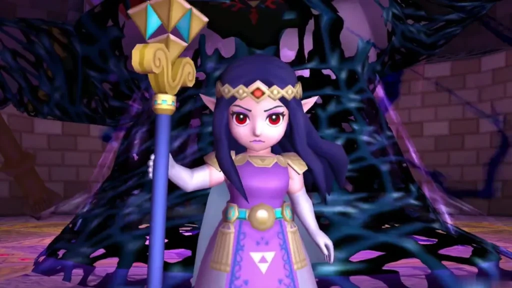 Princess Hilda raises her staff in front of Yuga Ganon's dark form