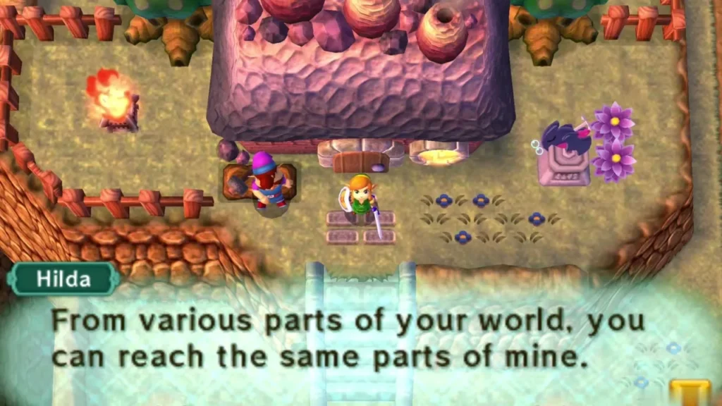 Hilda says the two worlds reach the same places, speaking to Link outside the purple-roofed building