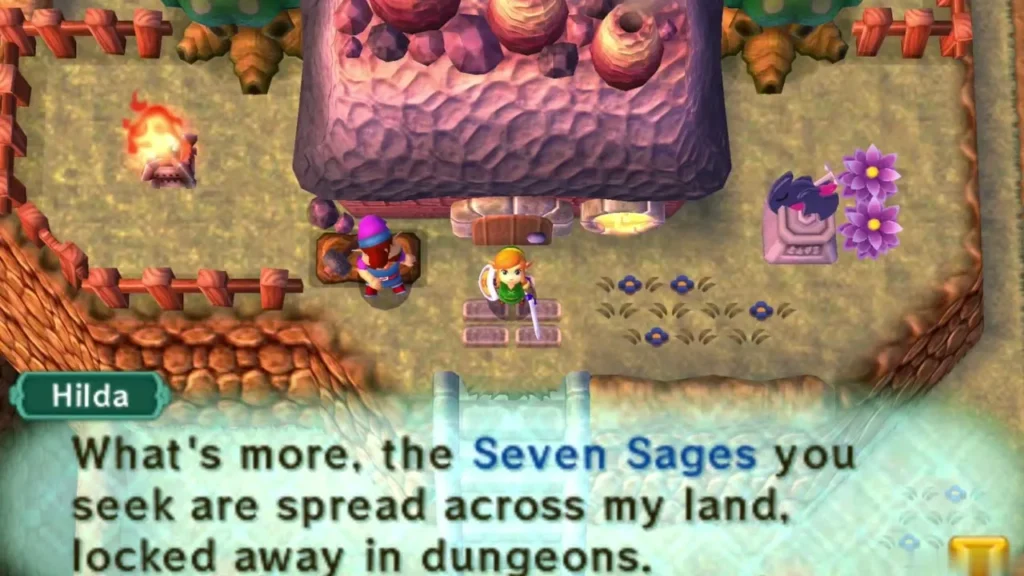 Hilda speaks to Link outside a purple-roofed building, saying the Seven Sages are locked away