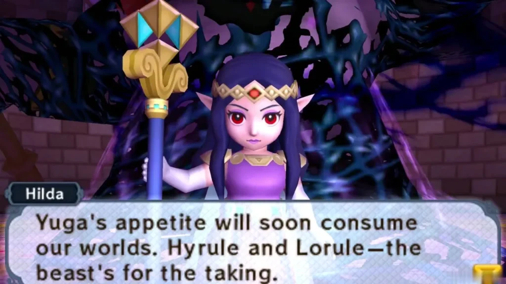Hilda warns that Yuga will consume Hyrule and Lorule, with the beast behind her