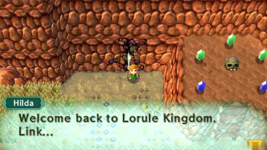 Hilda greets Link with Welcome back to Lorule Kingdom beside the lake