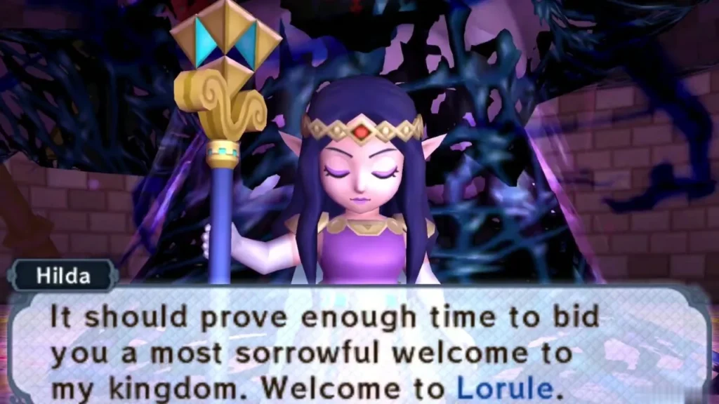 Hilda welcomes Link to Lorule while the dark beast spreads behind her