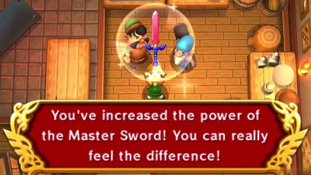 Hyrule Blacksmith tempering the Master Sword, which glows over Link and the smiths