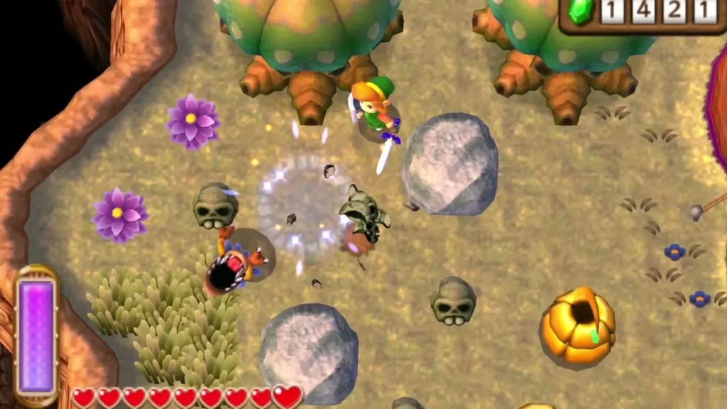 Link swinging his sword at enemies in a grassy Lorule field beside a boulder