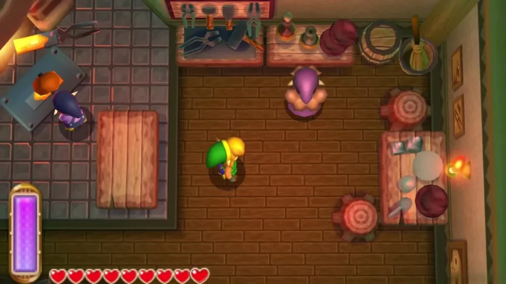 Link stands in the wooden Lorule Blacksmith house with the forge in the corner