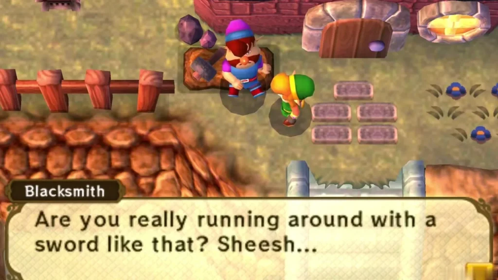 The Lorule Blacksmith beside his forge table tells Link he is running around with a sword like that