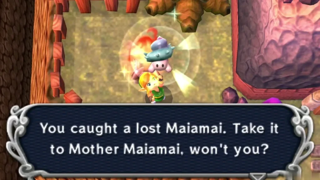 Link holds up a lost Maiamai he caught, with a box asking him to take it to Mother Maiamai