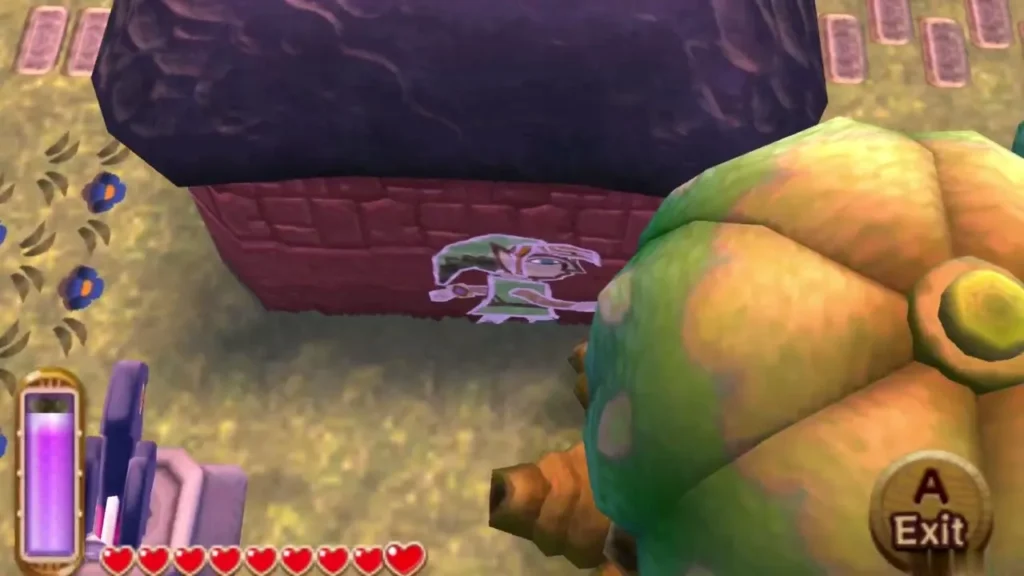 Link merged as a painting on the red brick wall beside the forge, with the Exit prompt on screen