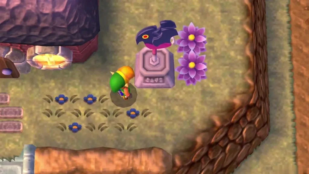 Link stands beside the bird-topped Weather Vane pedestal near the Lorule forge and its fire