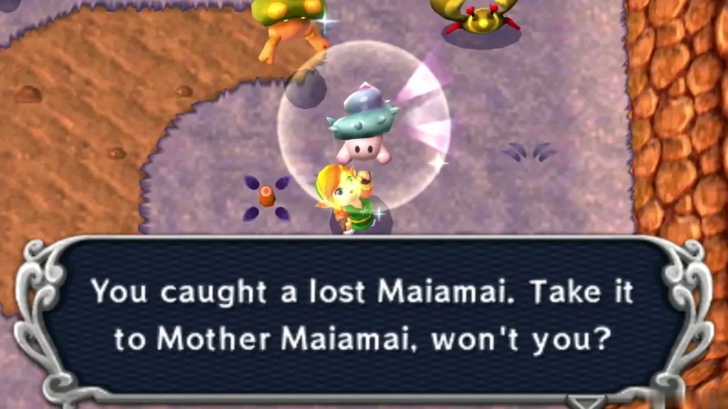 Link catches a Lost Maiamai in a bubble, with the Take it to Mother Maiamai message
