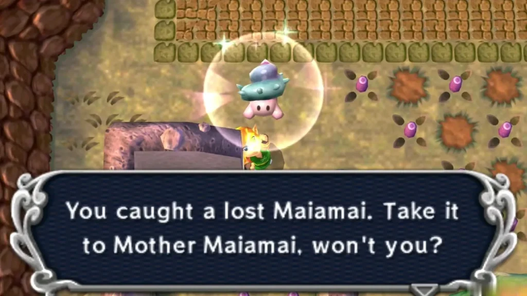 Link catching a Lost Maiamai beside the L-shaped wall with its message box