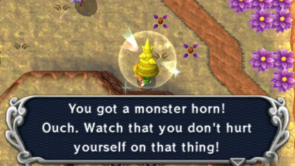 Link holding up a Monster Horn in a field, the box reading You got a monster horn