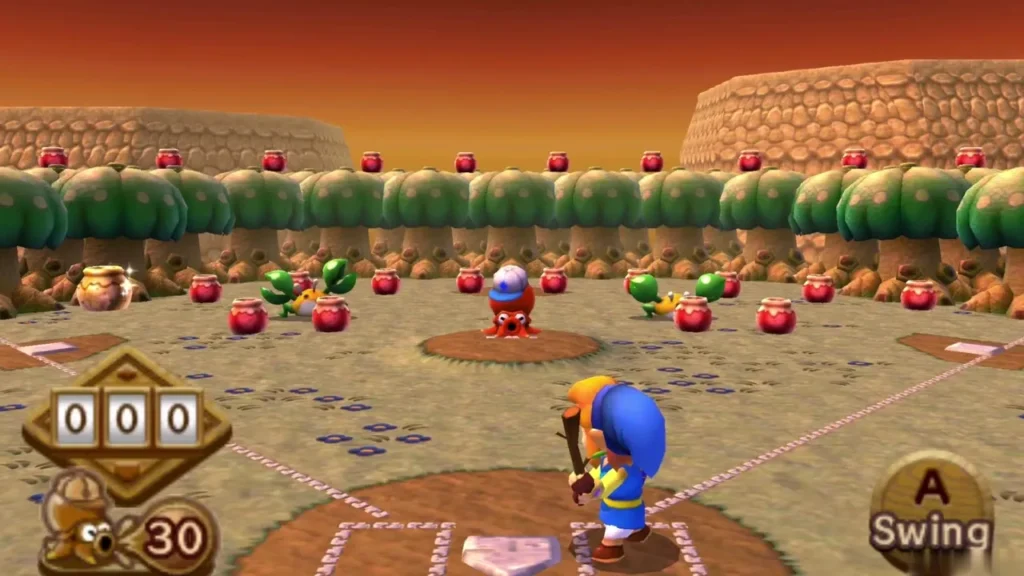 Link readies a swing at the Octoball Derby with 30 pitches left on the counter