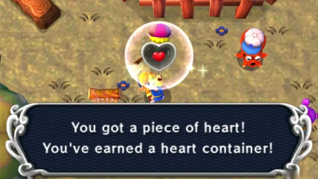 Link holds up the Piece of Heart won at the Octoball Derby, earning a Heart Container