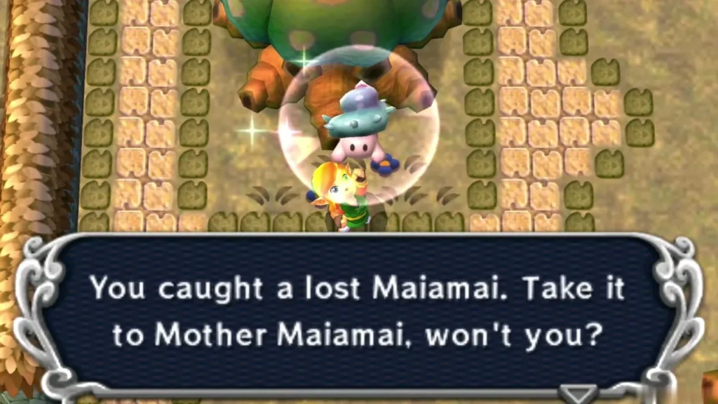 Link catching a lost Maiamai below the plaza tree with the caught message box