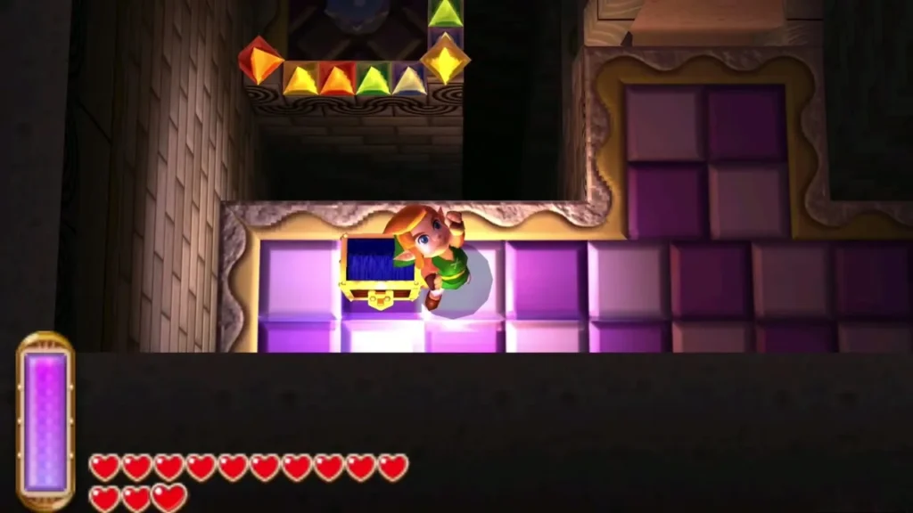 Link beside a gold-trimmed chest on glowing purple floor tiles in a dark dungeon room