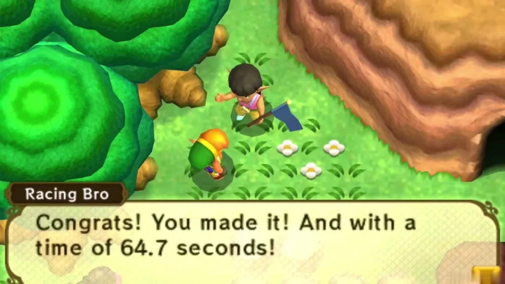 Racing Bro congratulates Link on finishing the first race in 64.7 seconds
