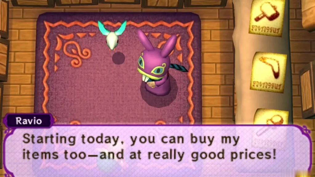 Ravio in his house announcing that his items are now for sale too