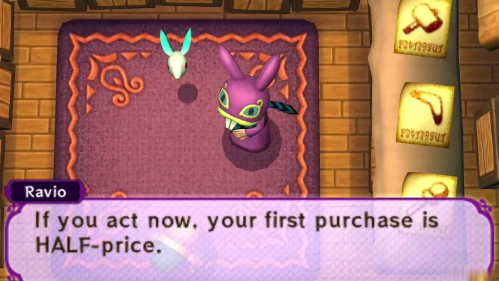 Ravio telling Link that his first purchase from him is half price