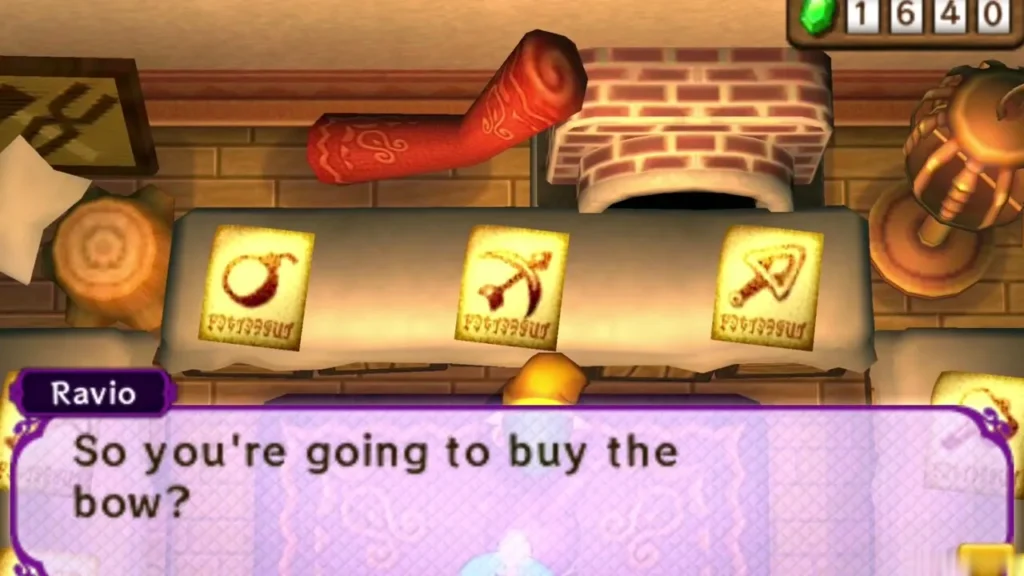 Ravio at his shop counter asking Link whether he is going to buy the bow