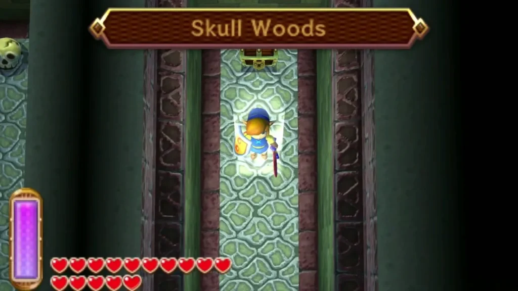 Link entering Skull Woods, with the Skull Woods name banner over the lit doorway