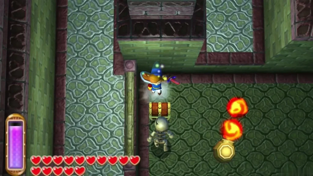 Link beside a Gibdo in Skull Woods, with flames burning on the floor nearby