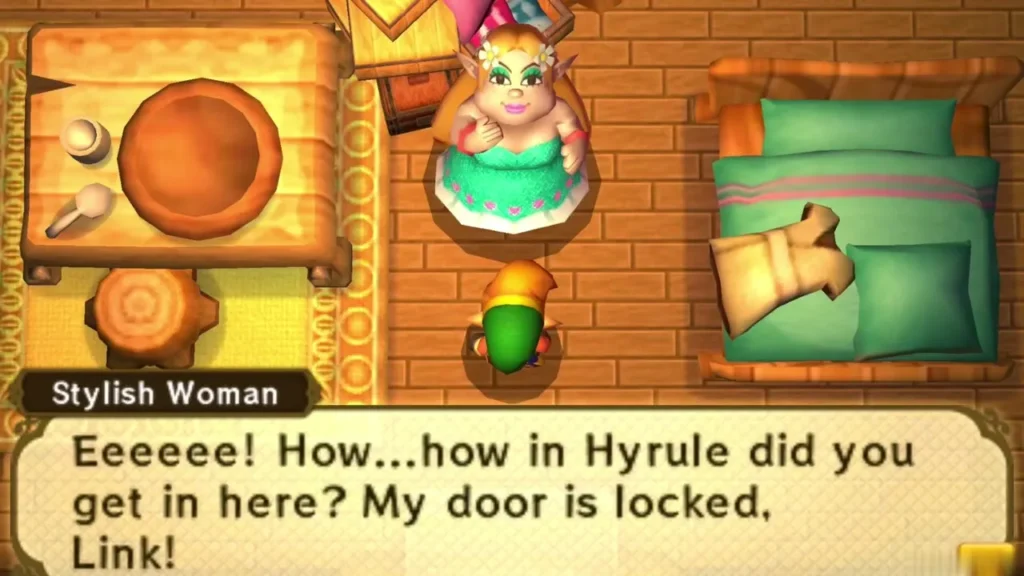 The Stylish Woman in her bedroom, startled to find Link there, asking how he got in