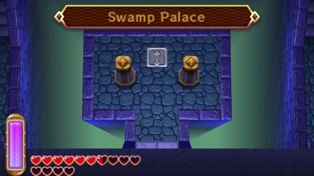Swamp Palace title banner above the entrance room with two chests and a stone tile