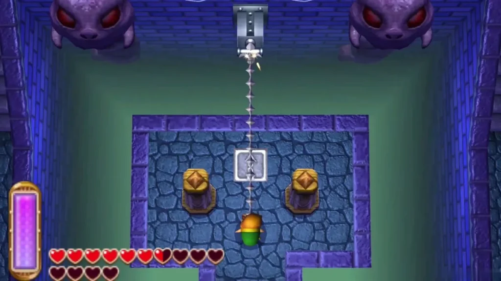 Link aiming the Hookshot up its chain toward the Swamp Palace entrance door
