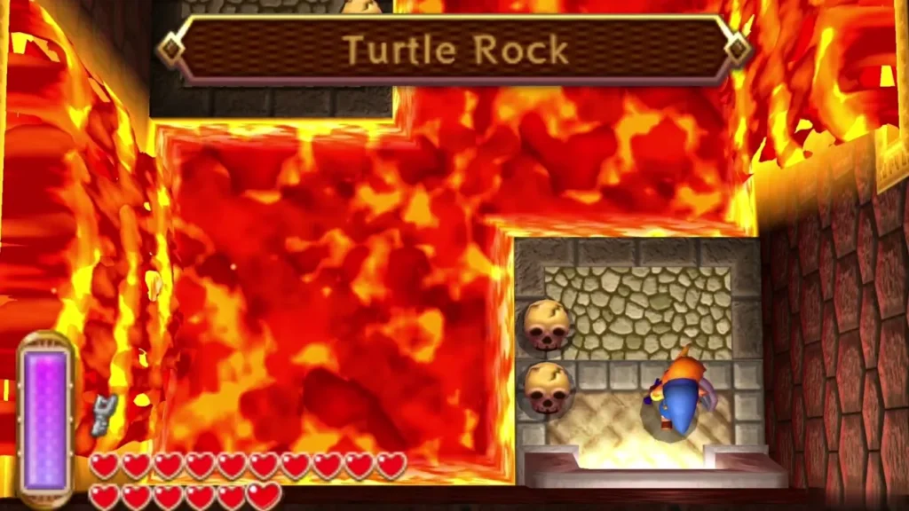 Turtle Rock title banner beside lava and stone skull statues