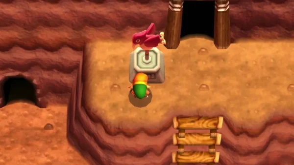 Link beside the red-bird Weather Vane on a rocky Death Mountain ledge, a wooden-framed cave mouth above it